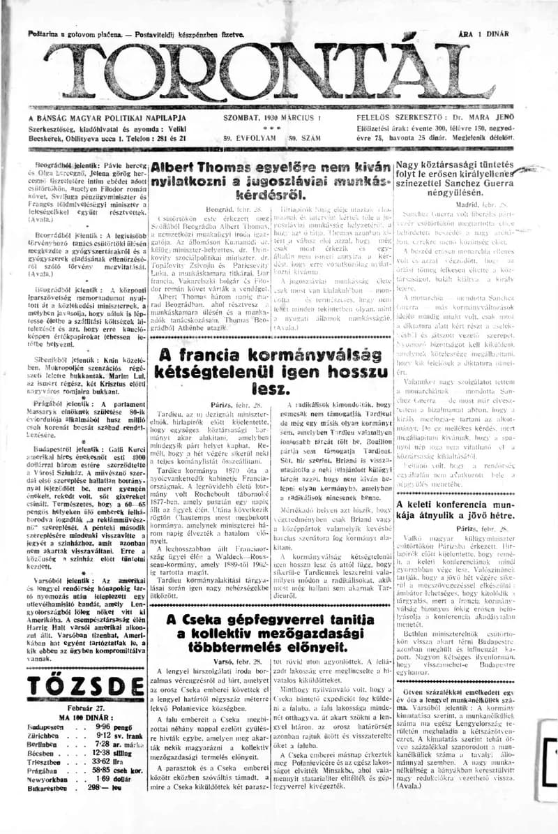 Torontál, 59. évf. 1930. március 1. 50. sz.