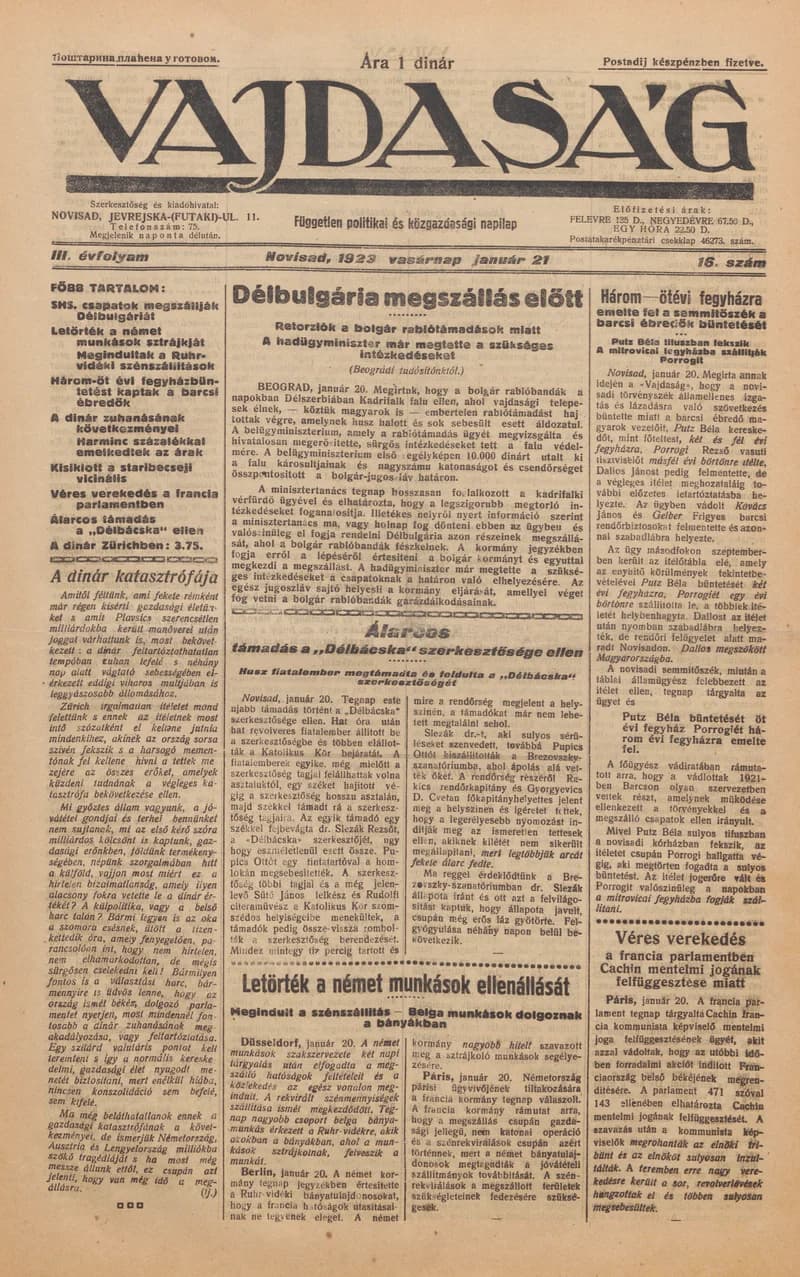Vajdaság, 3. évf. 1923. január 21. 16. sz.