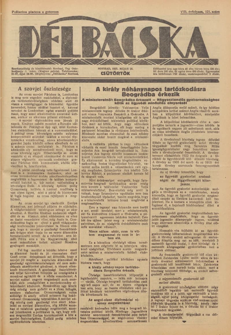 Délbácska, 8. évf. 1927. május 26. 121. sz.