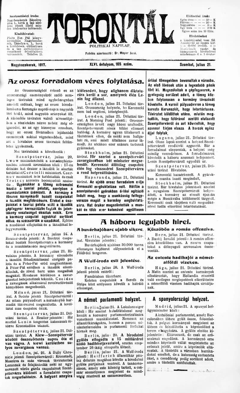 Torontál, 46. évf. 1917. július 21. 165. sz.