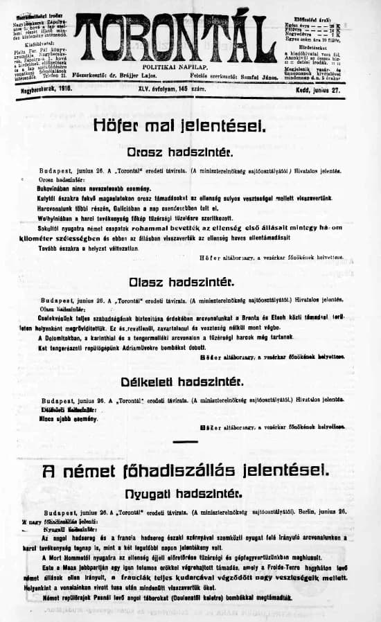 Torontál, 45. évf. 1916. június 27. 145. sz.