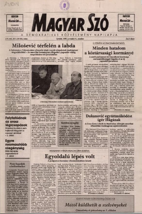 Magyar Szó, 56. évf. 1999. november 6. 217. sz. 1–16. oldal