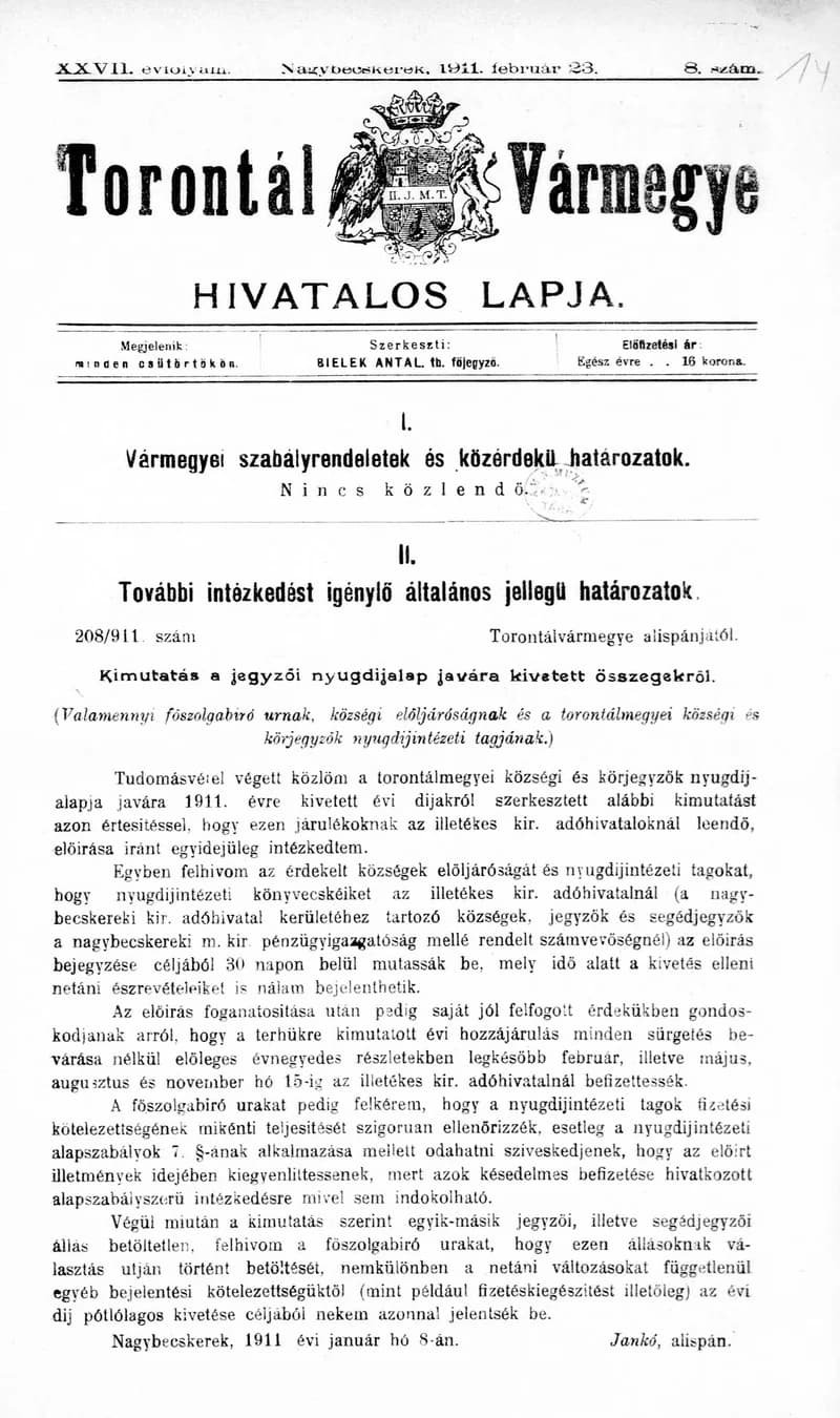 Torontál Vármegye Hivatalos Lapja, 27. évf. 1911. február 23. 8. sz.