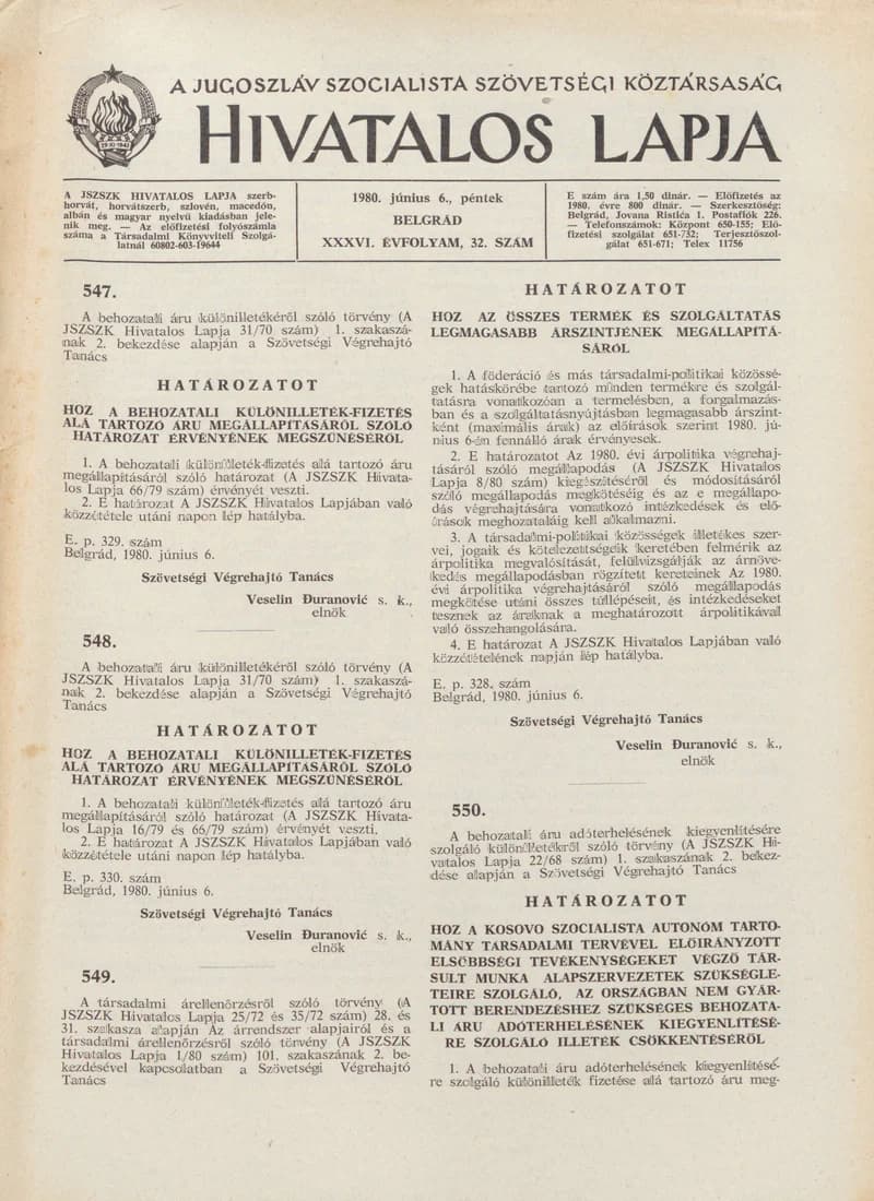A Jugoszláv Szocialista Szövetségi Köztársaság Hivatalos Lapja, 36. évf. 1980. június 6. 32. sz. 1053–1056. oldal