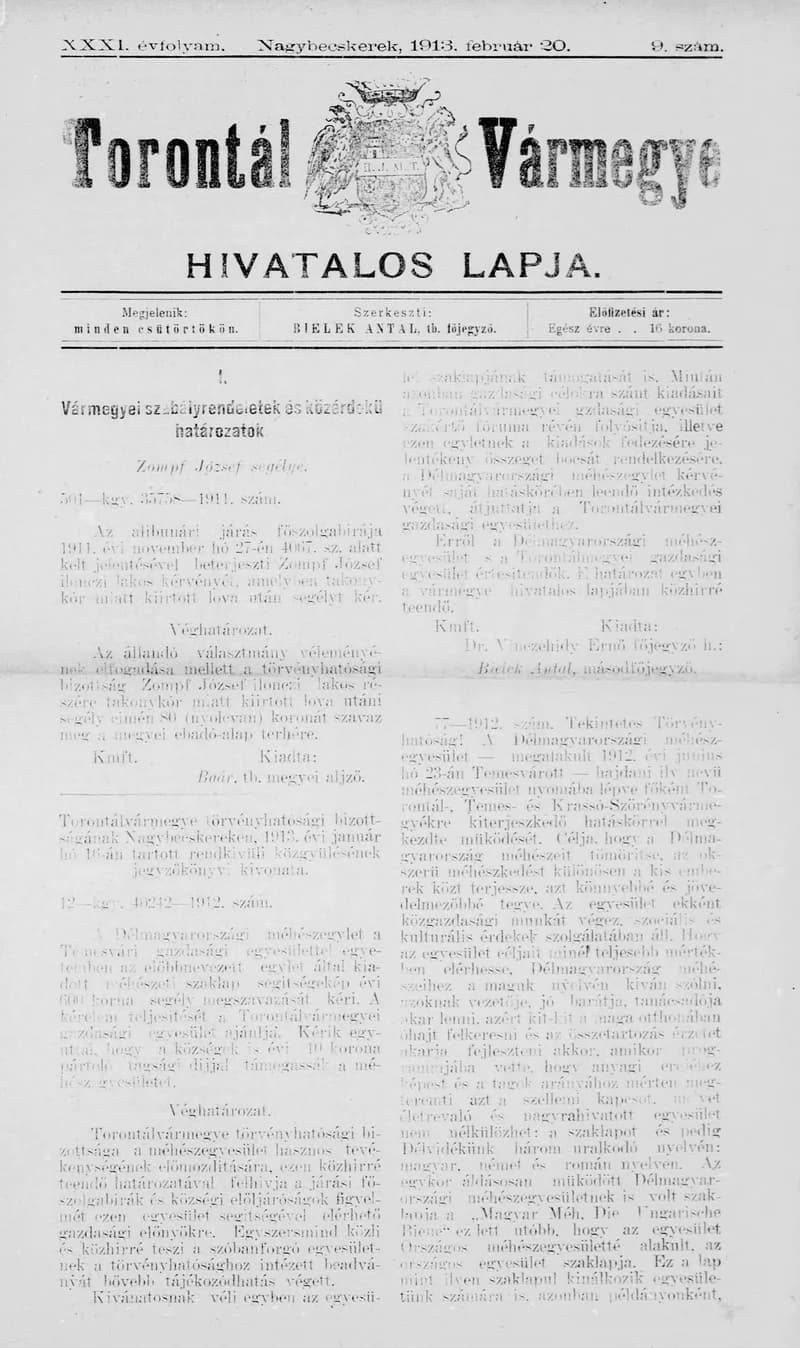 Torontál Vármegye Hivatalos Lapja, 29. évf. 1913. február 20. 9. sz.
