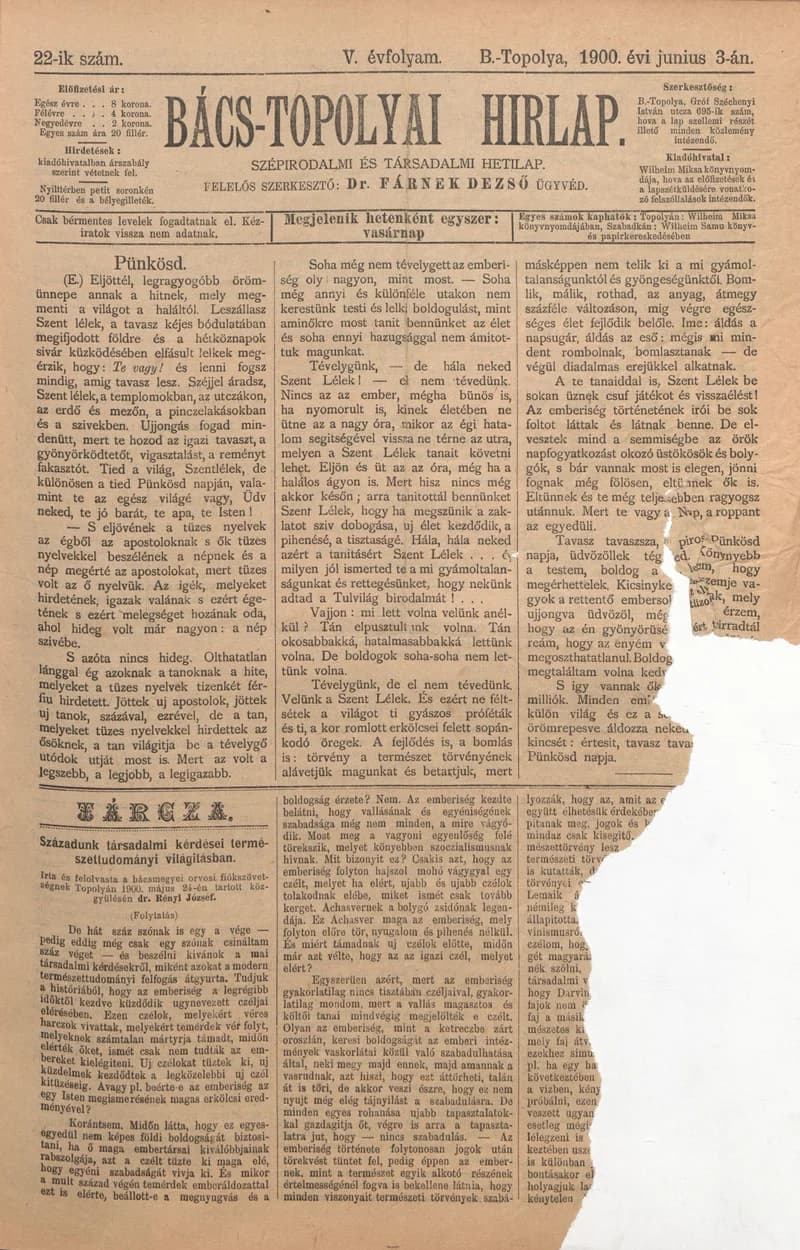 Bács-Topolyai Hirlap, 5. évf. 1900. június 3. 22. sz.