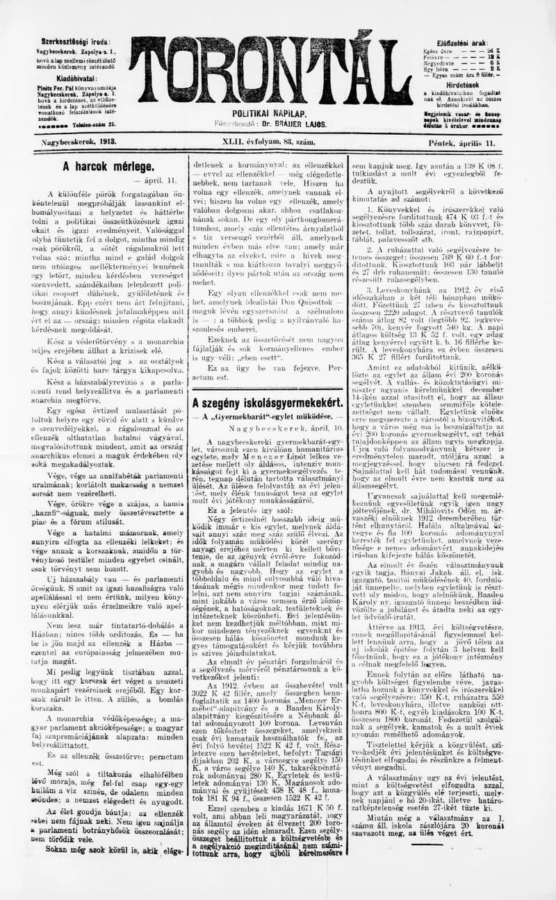 Torontál, 42. évf. 1913. április 11. 83. sz.