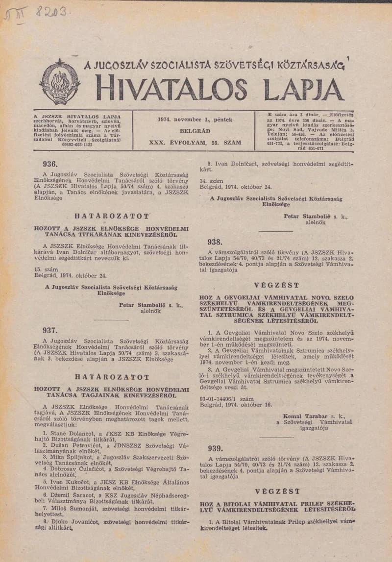 A Jugoszláv Szocialista Szövetségi Köztársaság Hivatalos Lapja, 30. évf. 1974. november 1. 55. sz. 1745–1756. oldal