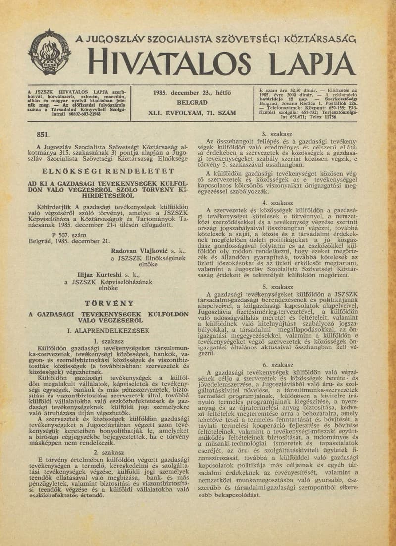A Jugoszláv Szocialista Szövetségi Köztársaság Hivatalos Lapja, 41. évf. 1985. december 23. 71. sz. 1969–1996. oldal