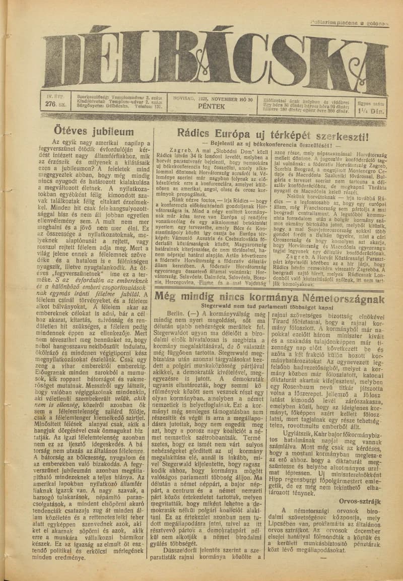 Délbácska, 4. évf. 1923. november 30. 276. sz.