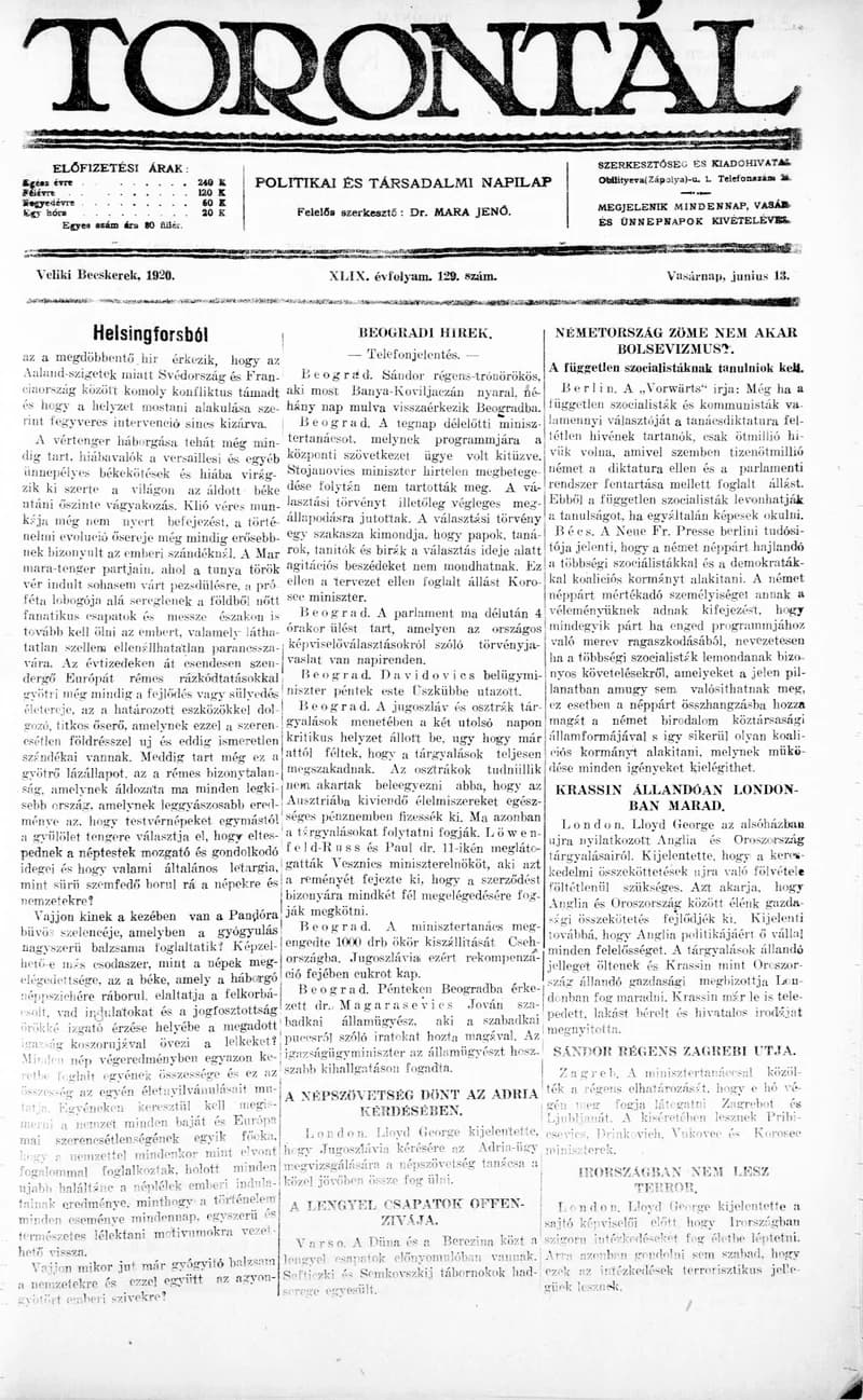 Torontál, 49. évf. 1920. június 13. 129. sz.