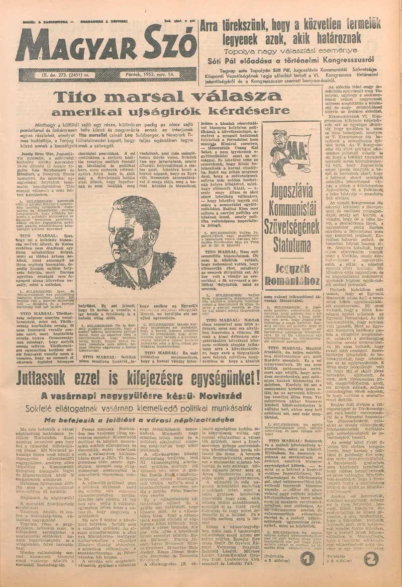 Magyar Szó, 9. évf. 1952. november 14. 273. sz. 1–6. oldal