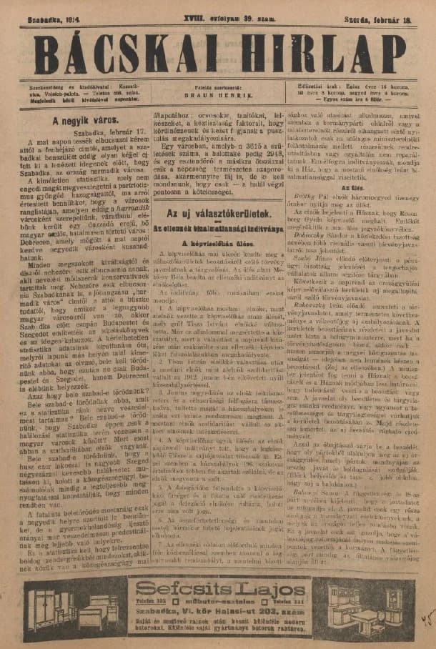 Bácskai Hirlap, 18. évf. 1914. február 18. 39. sz.