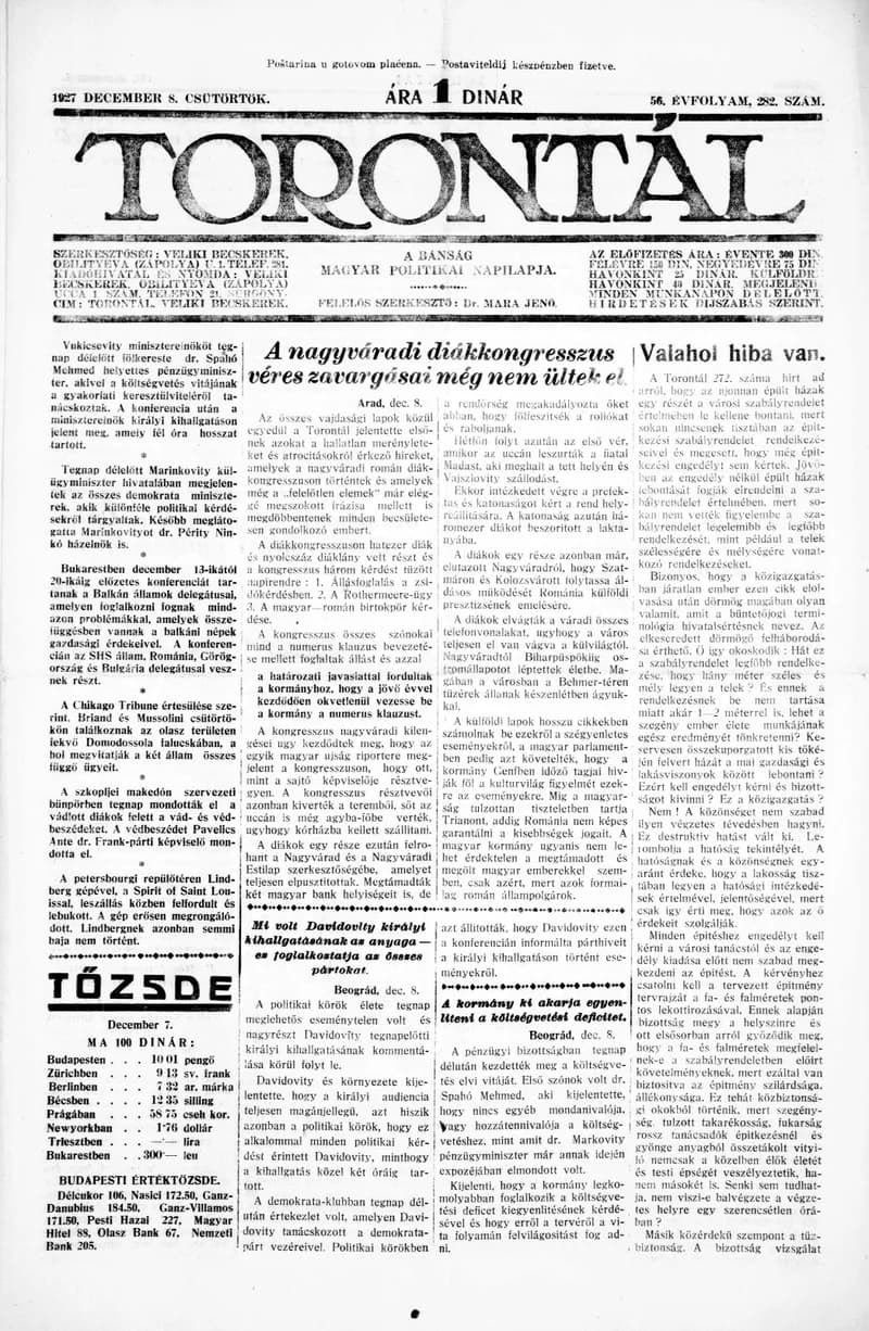 Torontál, 56. évf. 1927. december 8. 282. sz.