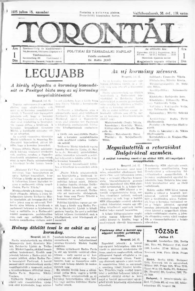 Torontál, 54. évf. 1925. július 18. 159. sz.