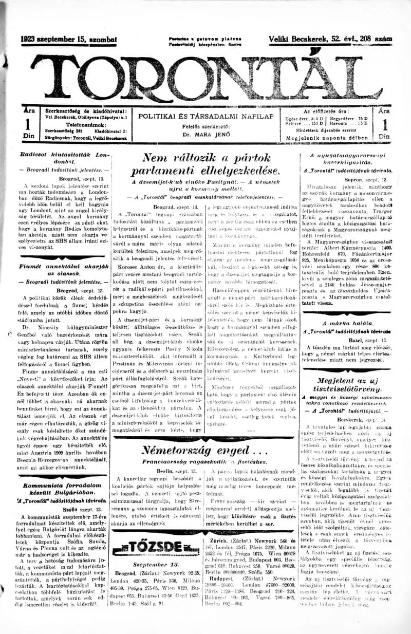 Torontál, 52. évf. 1923. szeptember 15. 208. sz.