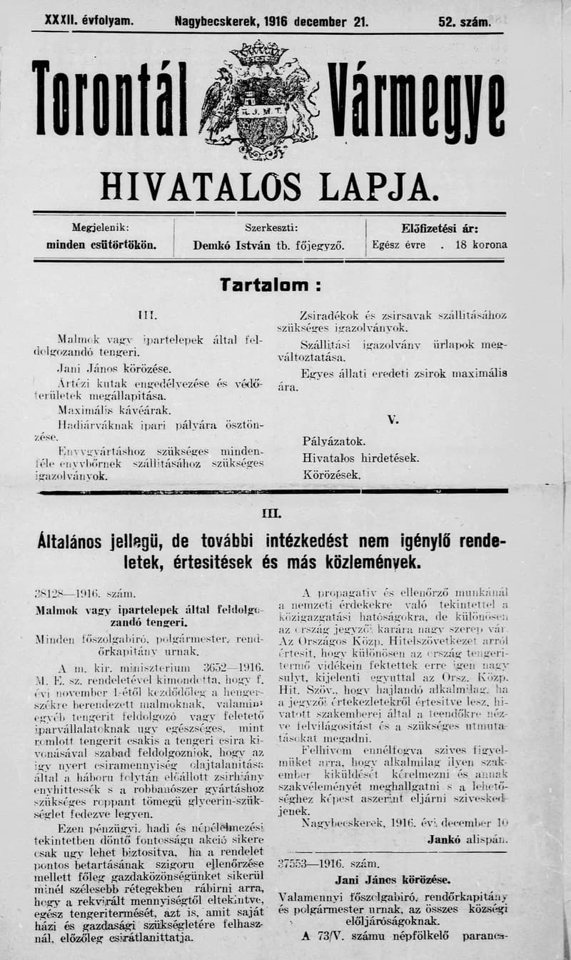 Torontál Vármegye Hivatalos Lapja, 32. évf. 1916. december 21. 52. sz.