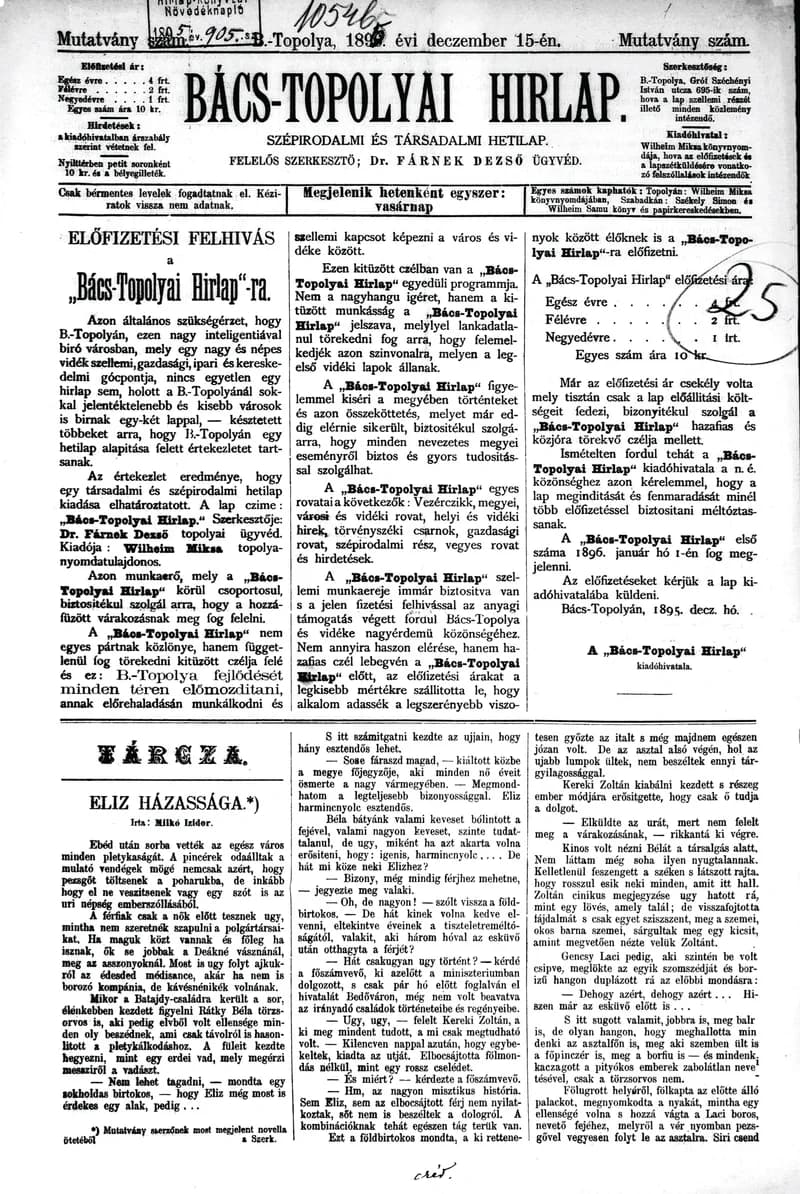 Bács-Topolyai Hirlap, 1. évf. 1895. december 15. Mutatvány szám