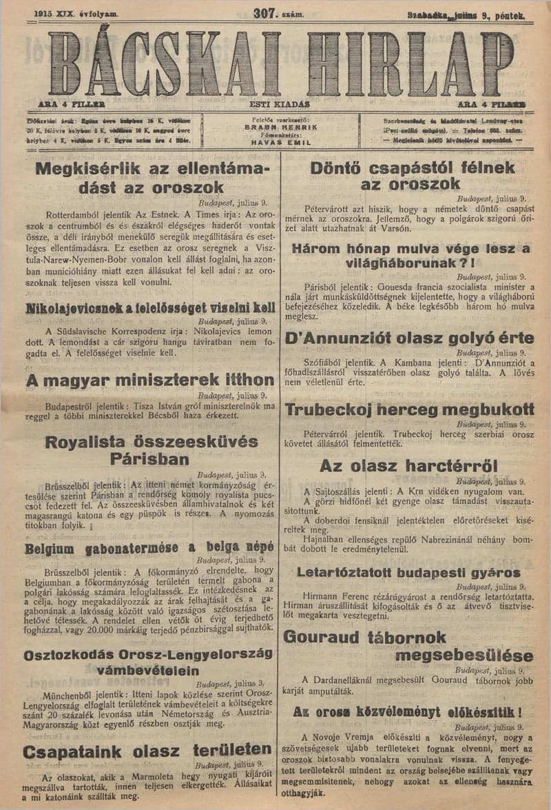 Bácskai Hirlap, 19. évf. 1915. július 9. 307. sz.