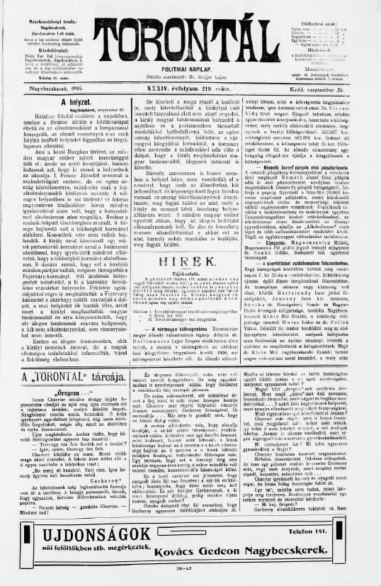 Torontál, 34. évf. 1905. szeptember 26. 219. sz.