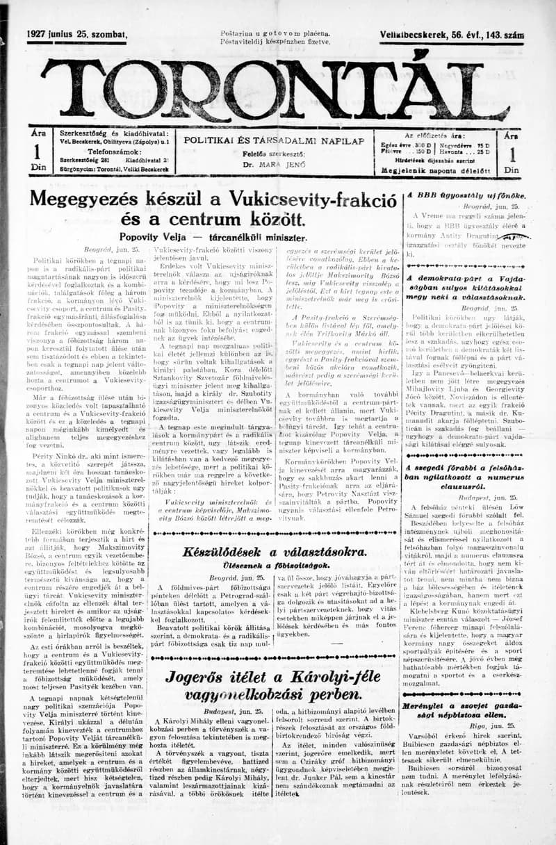 Torontál, 56. évf. 1927. június 25. 143. sz.