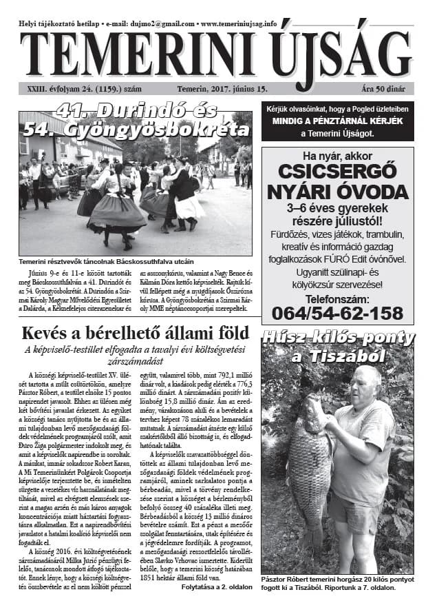 Temerini Újság, 23. évf. 2017. június 15. 24. sz.