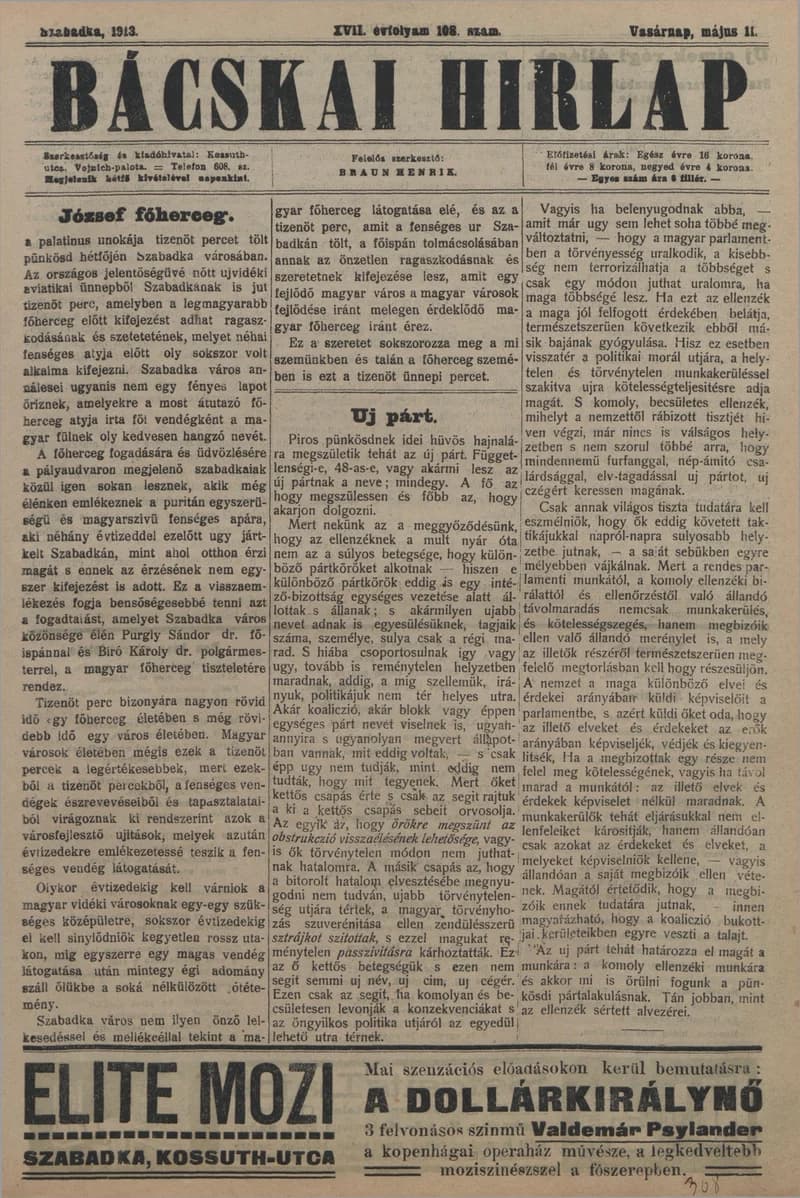 Bácskai Hirlap, 17. évf. 1913. május 11. 108. sz.