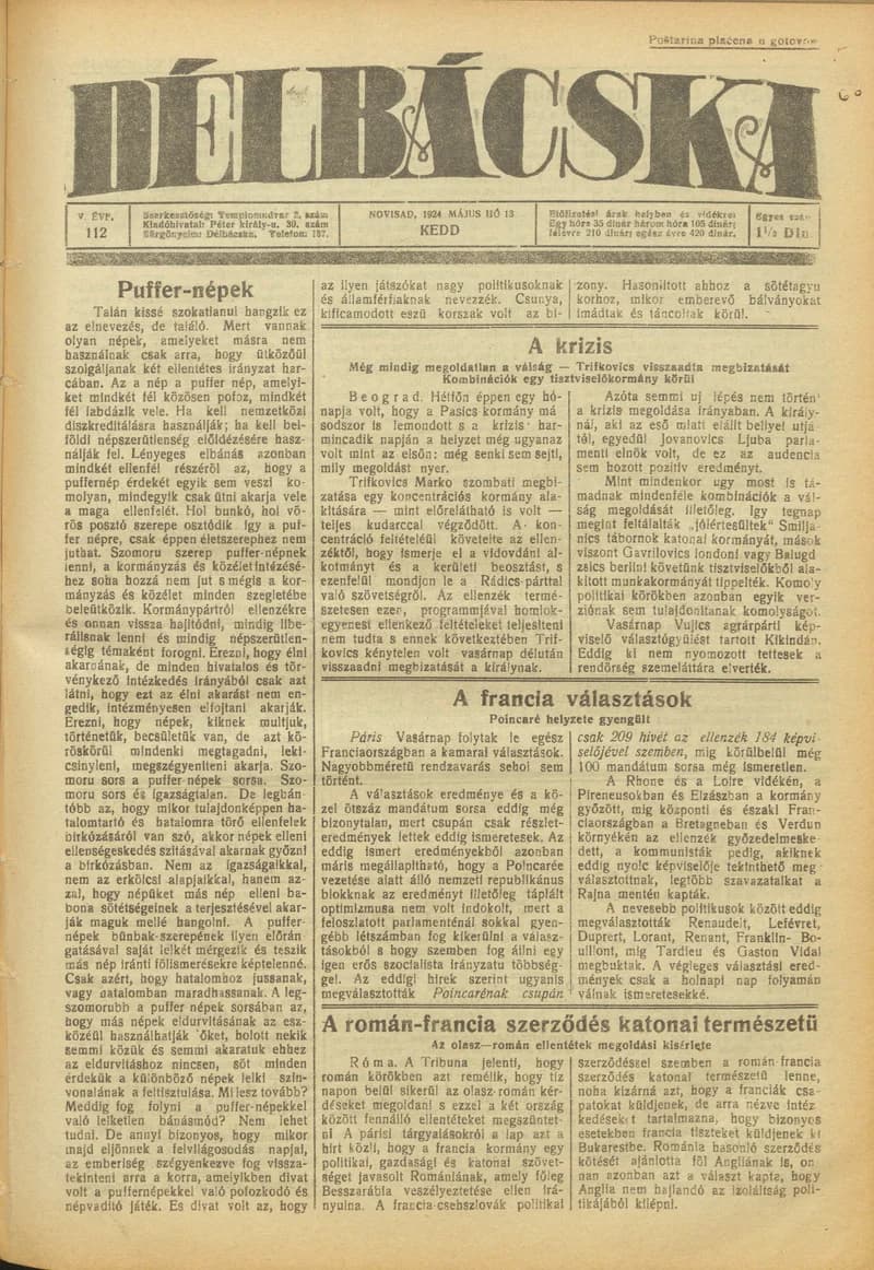 Délbácska, 5. évf. 1924. május 13. 112. sz.