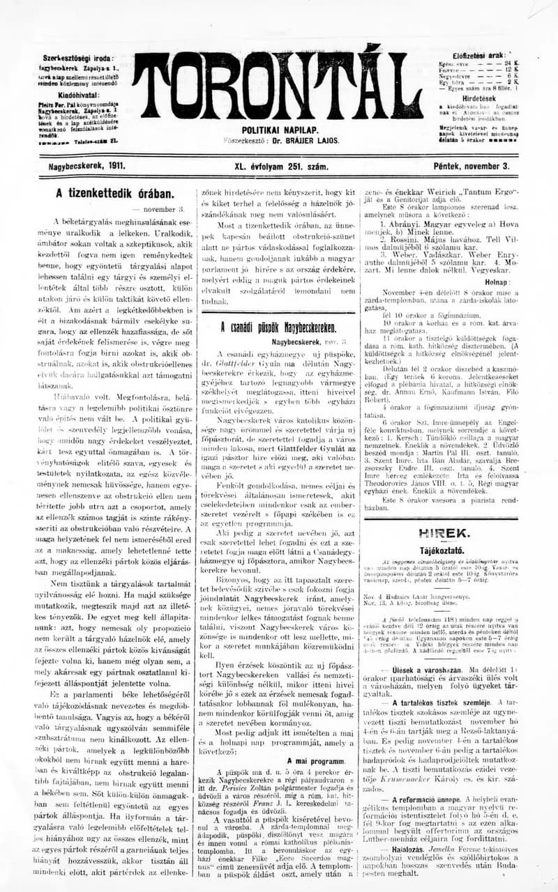 Torontál, 40. évf. 1911. november 3. 251. sz.