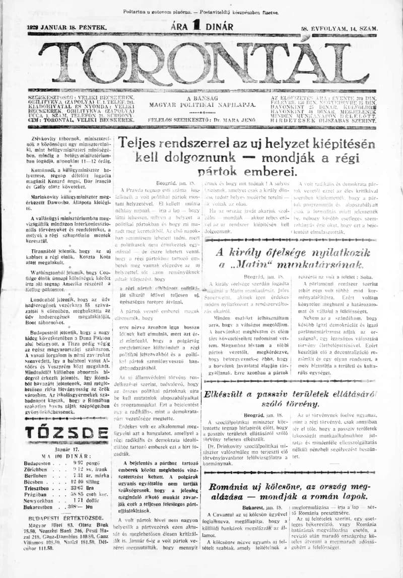 Torontál, 58. évf. 1929. január 18. 14. sz.