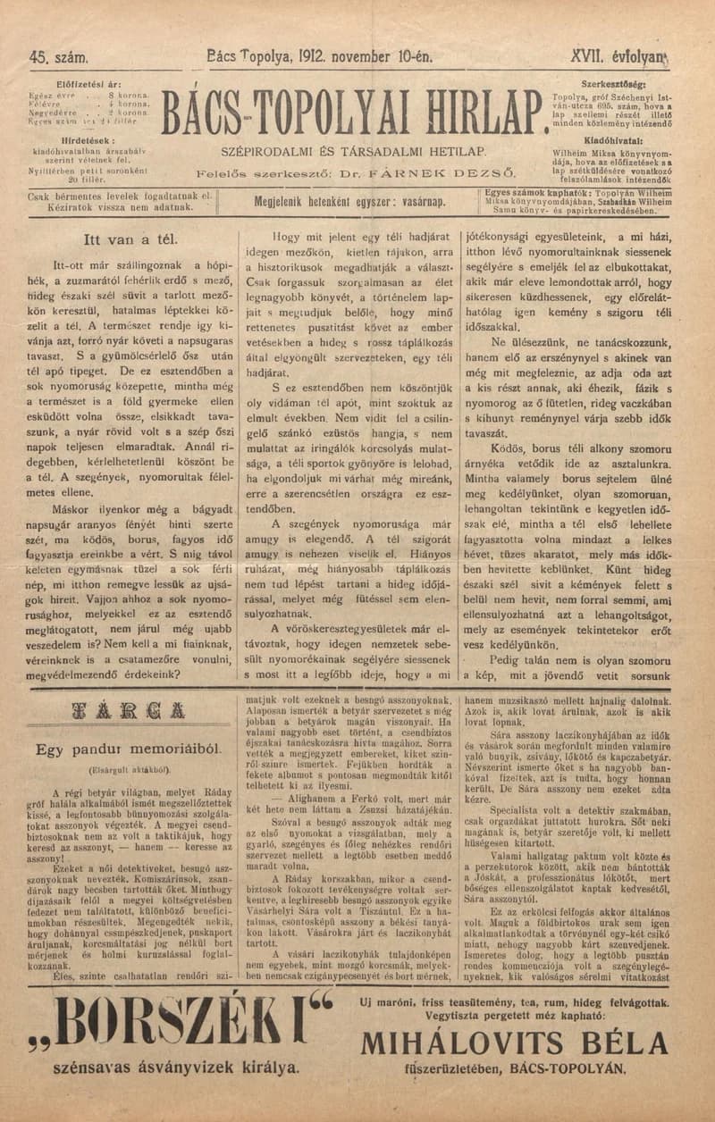 Bács-Topolyai Hirlap, 17. évf. 1912. november 10. 45. sz.