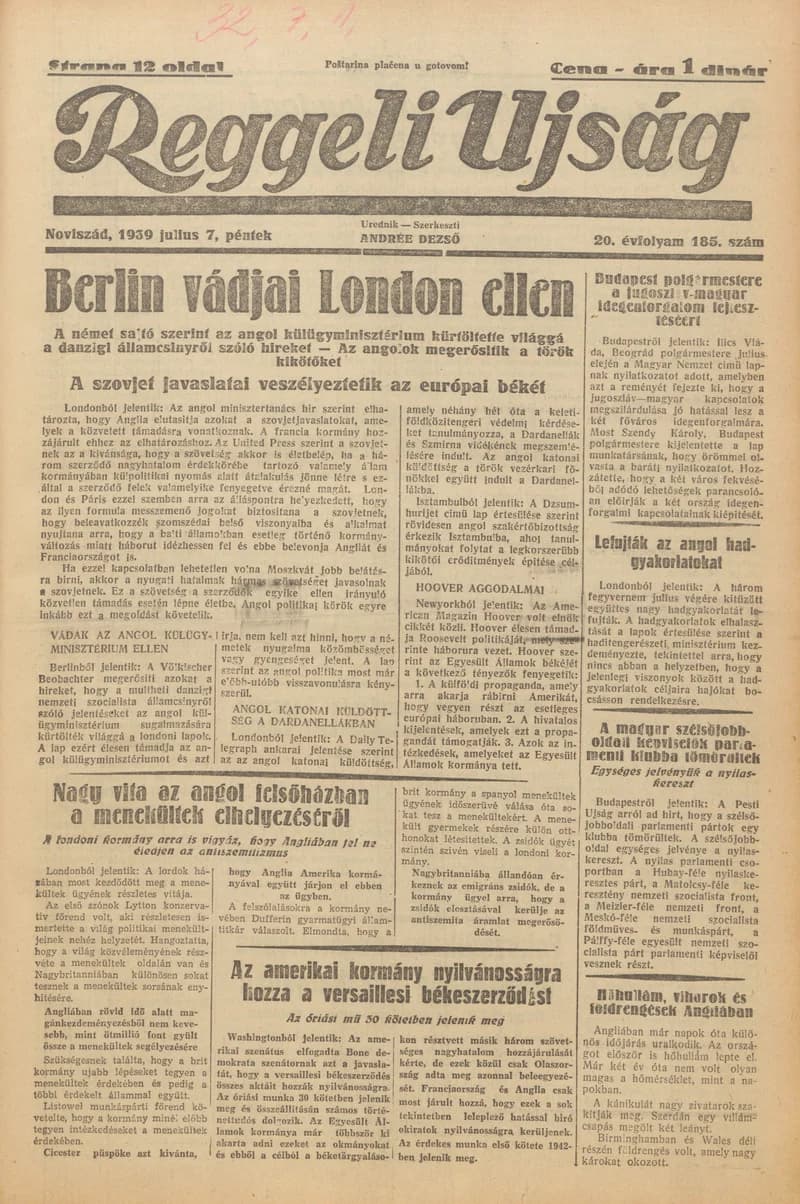 Reggeli Újság, 20. évf. 1939. július 7. 185. sz.