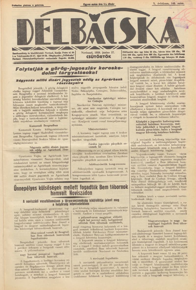 Délbácska, 10. évf. 1929. június 27. 148. sz.