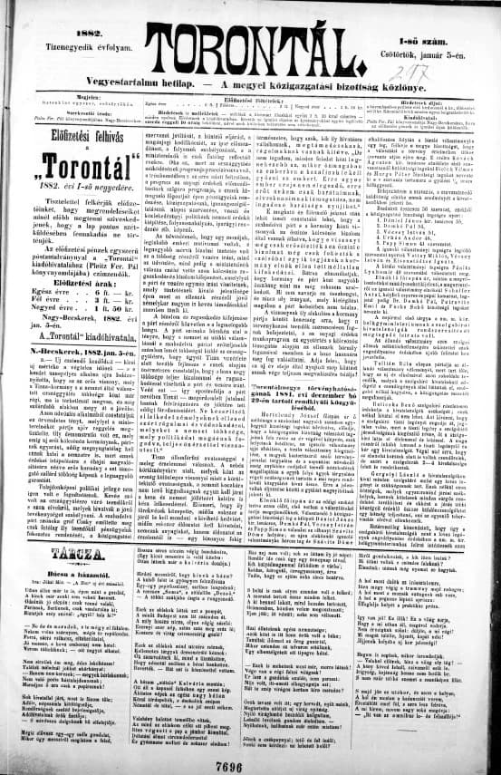 Torontál, 11. évf. 1882. január 5. 1. sz.