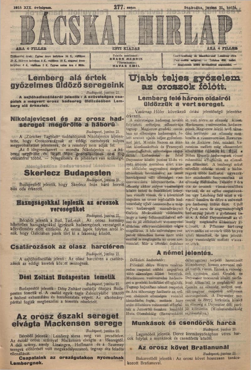 Bácskai Hirlap, 19. évf. 1915. június 21. 277. sz.