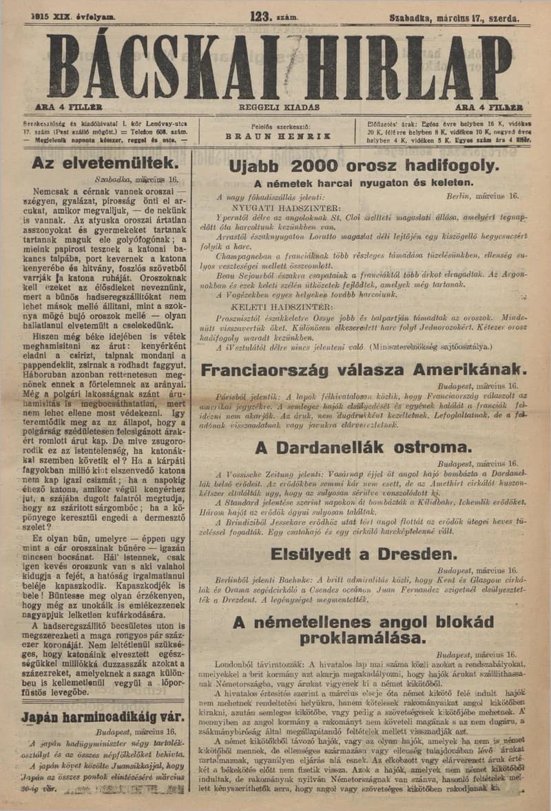 Bácskai Hirlap, 19. évf. 1915. március 17. 123. sz.