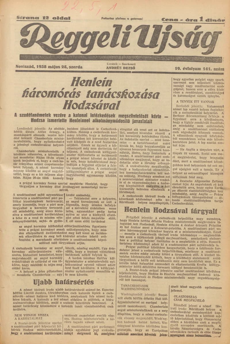 Reggeli Újság, 19. évf. 1938. május 25. 141. sz.