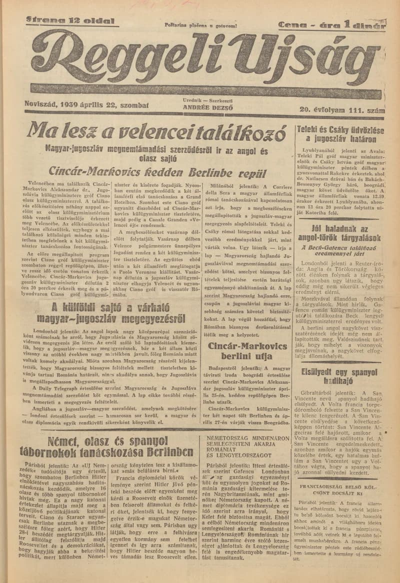 Reggeli Újság, 20. évf. 1939. április 22. 111. sz.