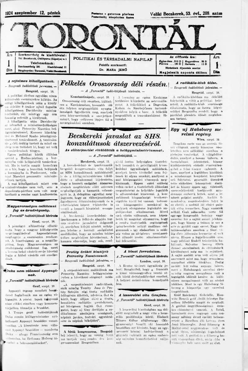 Torontál, 53. évf. 1924. szeptember 12. 208. sz.