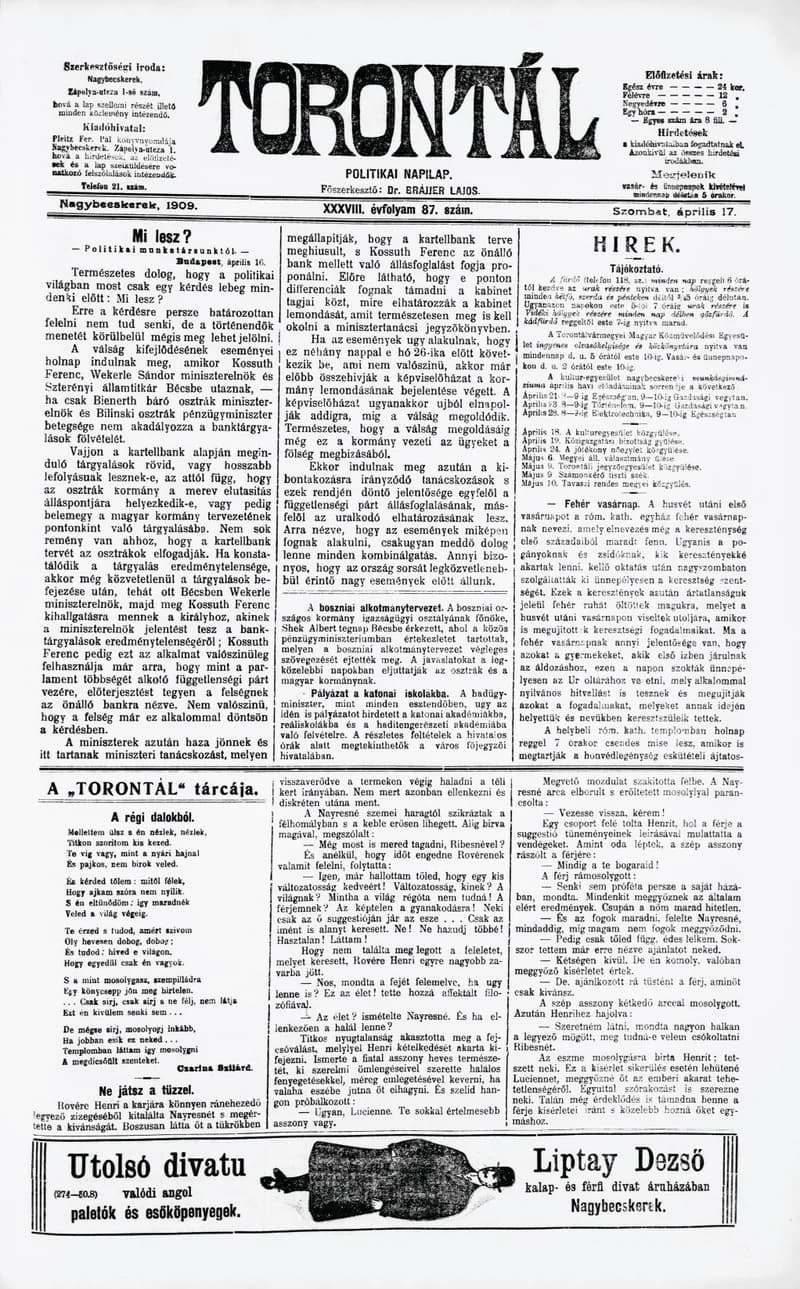 Torontál, 38. évf. 1909. április 17. 87. sz.