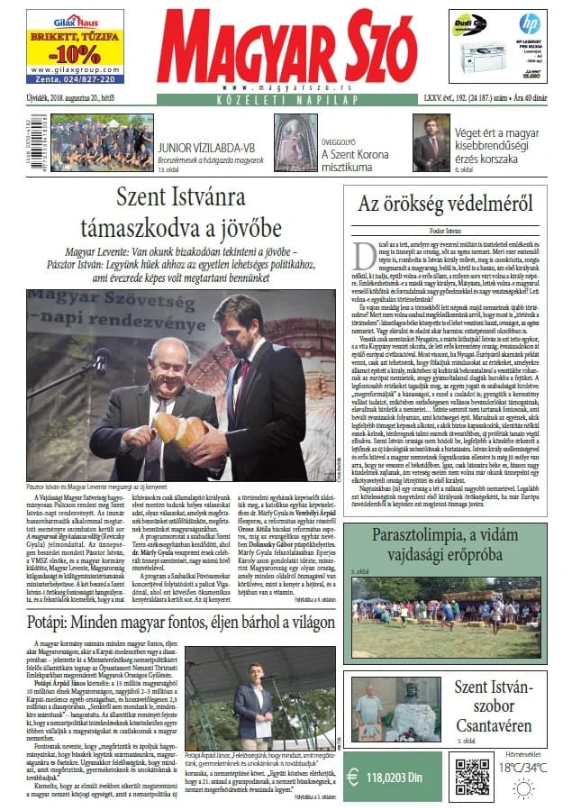 Magyar Szó, 75. évf. 2018. augusztus 20. 192. sz. 1–20. oldal