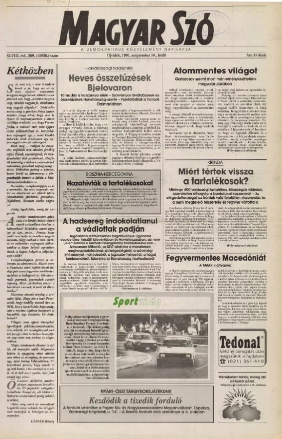 Magyar Szó, 48. évf. 1991. szeptember 30. 269. sz. 1–20. oldal