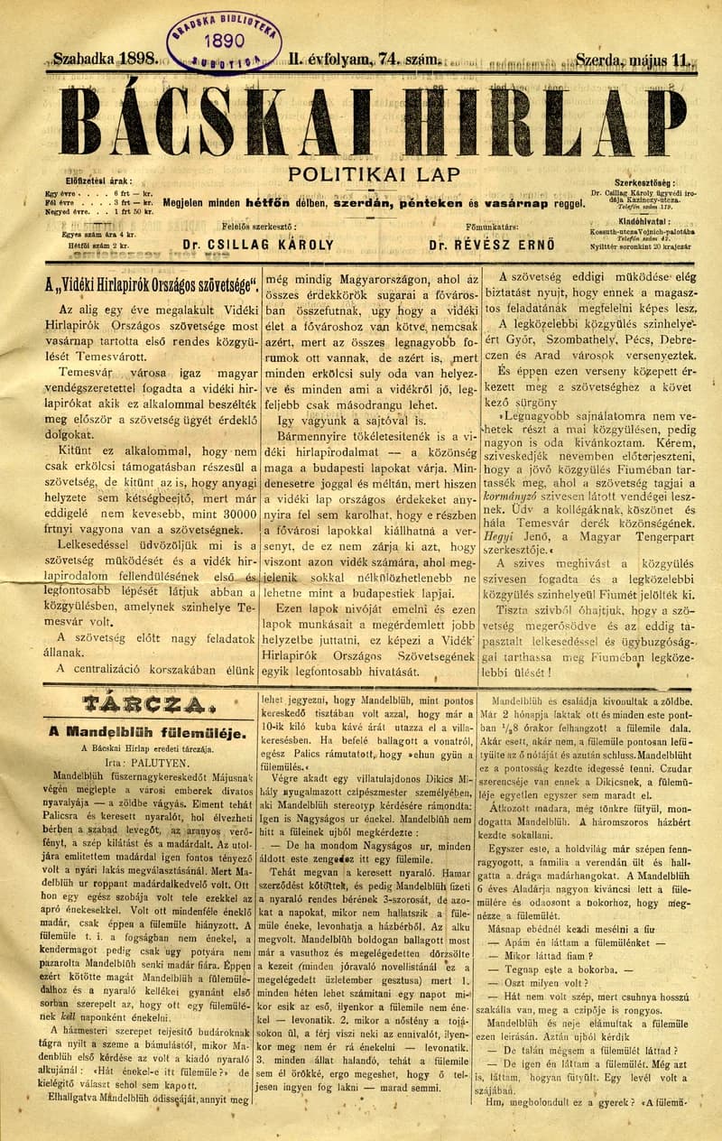 Bácskai Hirlap, 2. évf. 1898. május 11. 74. sz. 1–4. oldal