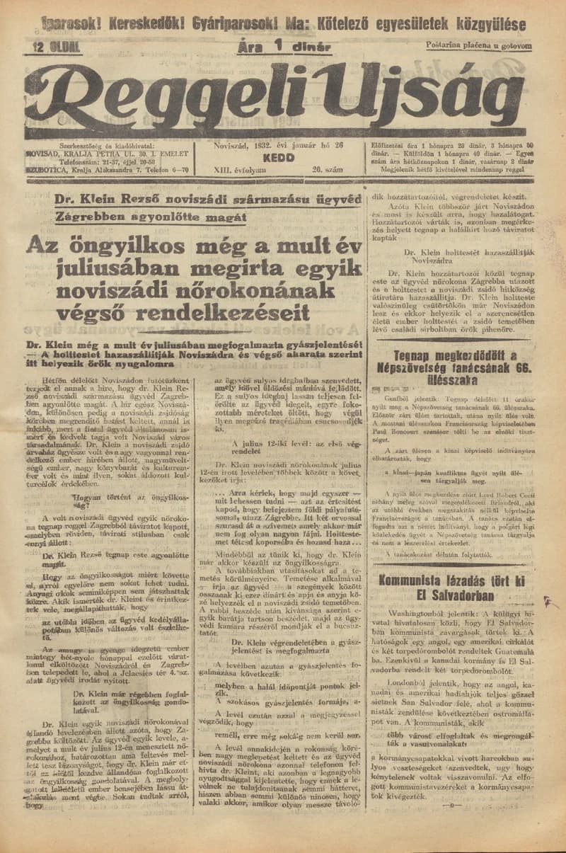 Reggeli Újság, 13. évf. 1932. január 26. 20. sz.
