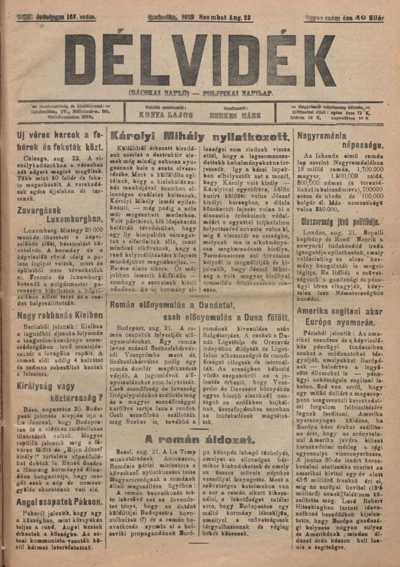 Délvidék, 13. évf. 1919. augusztus 23. 167. sz.