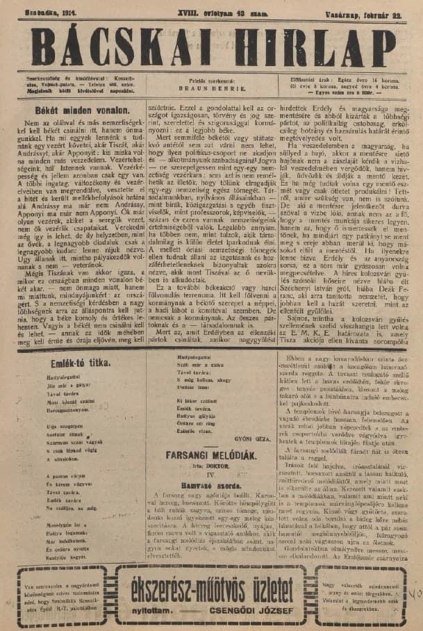 Bácskai Hirlap, 18. évf. 1914. február 22. 43. sz.