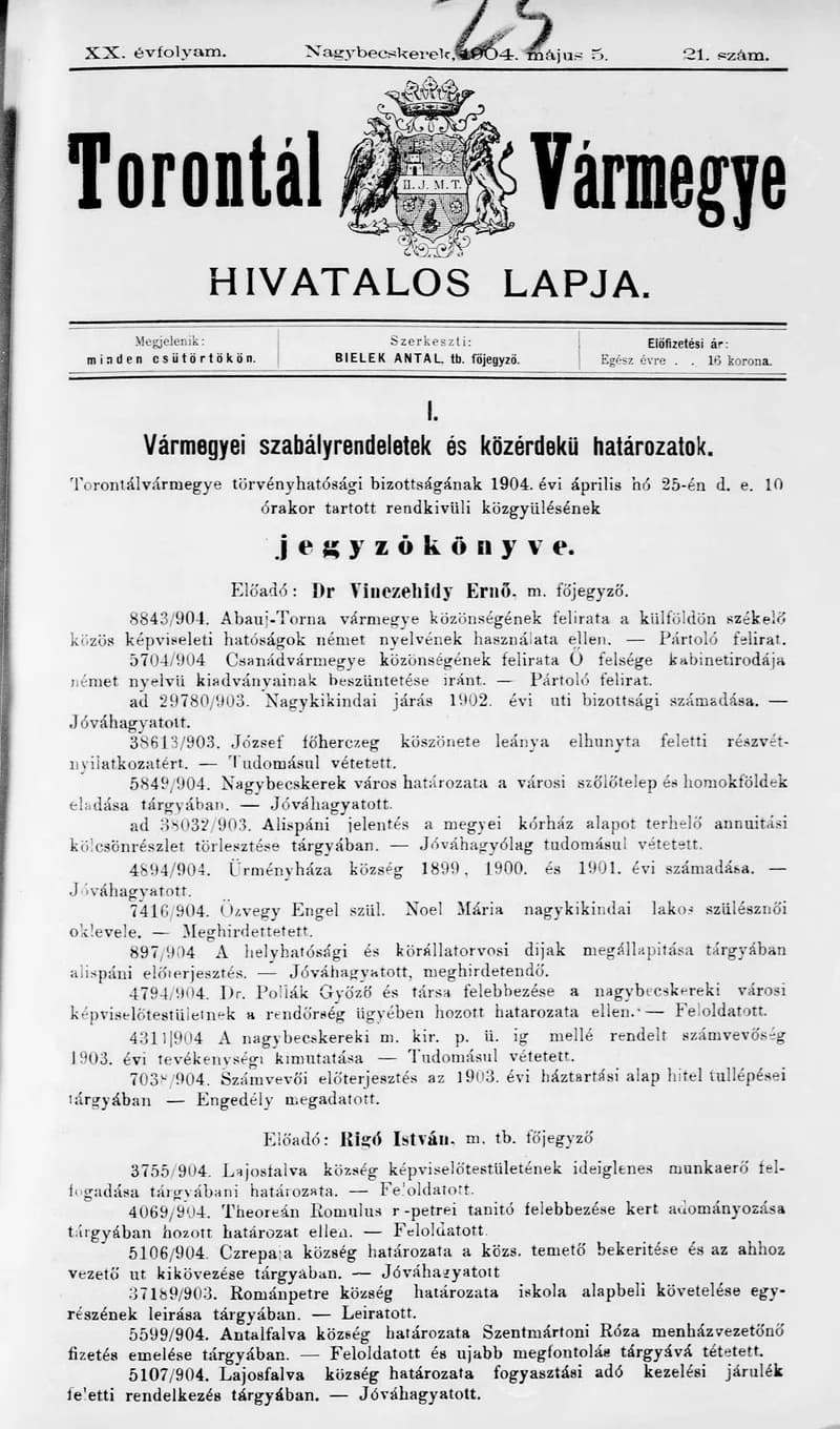 Torontál Vármegye Hivatalos Lapja, 20. évf. 1904. május 5. 21. sz.