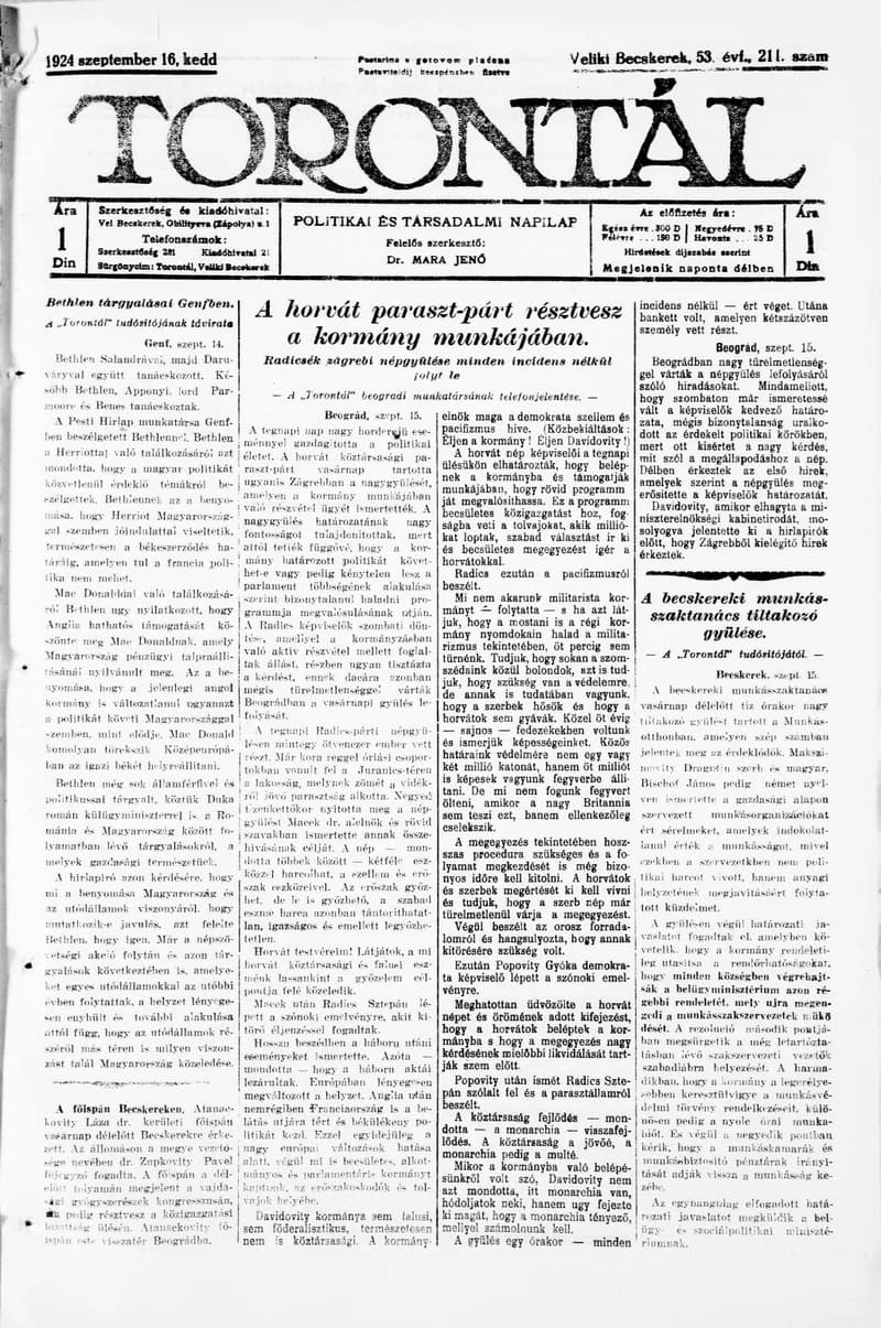 Torontál, 53. évf. 1924. szeptember 16. 211. sz.