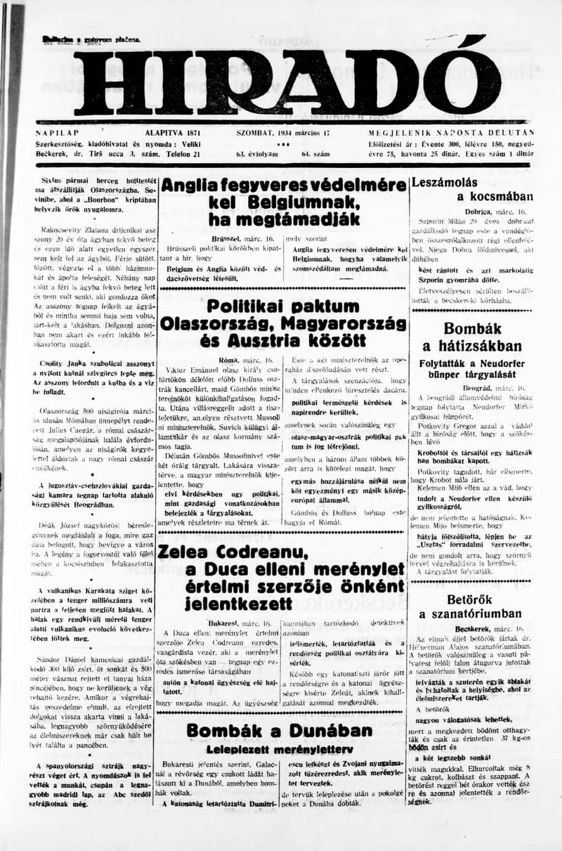 Híradó, 63. évf. 1934. március 17. 64. sz.