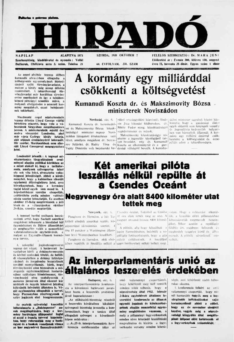 Híradó, 60. évf. 1931. október 7. 231. sz.